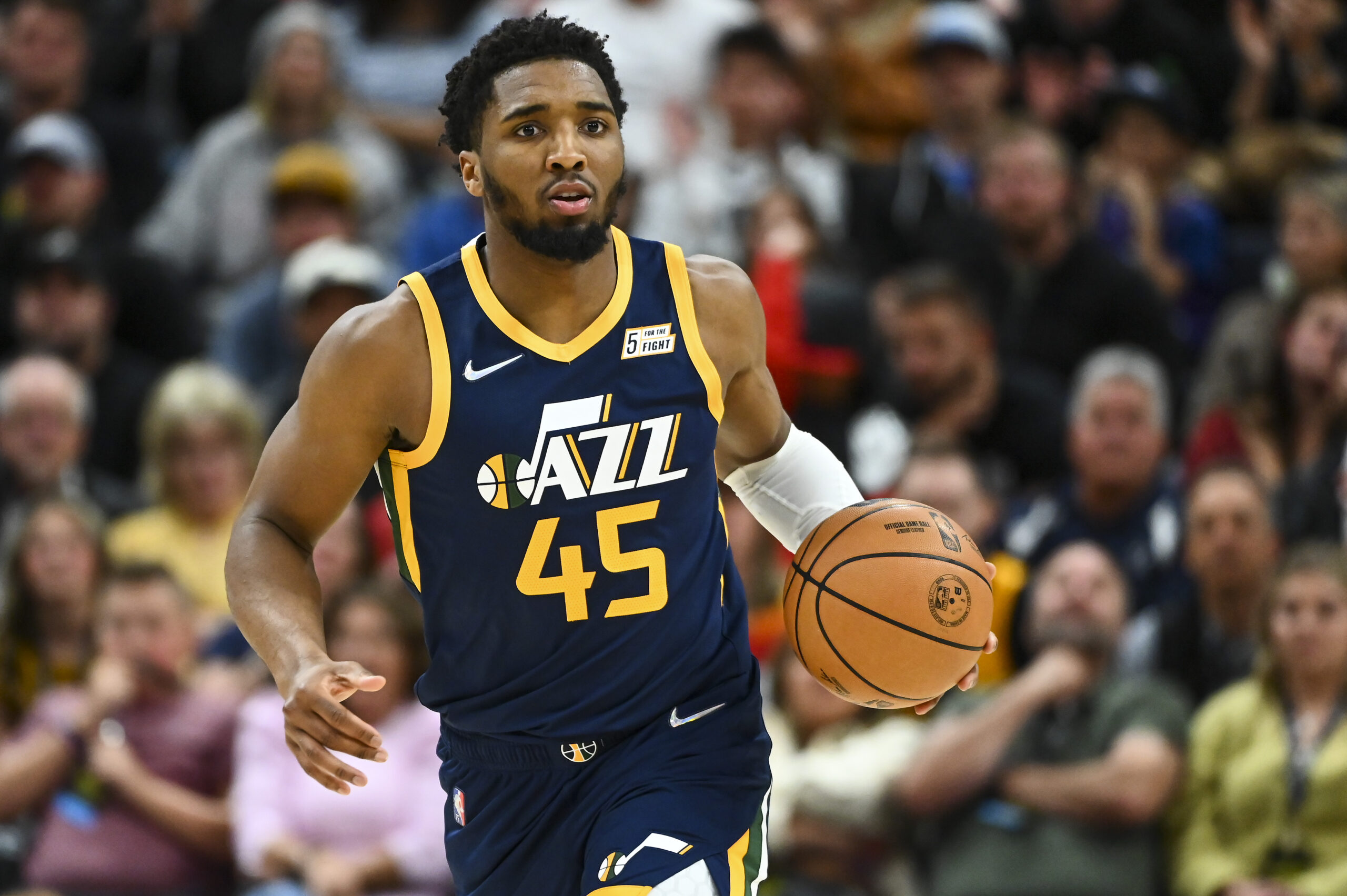 Donovan Mitchell #45 of the Utah Jazz in action during the second half of a game against the Memphis Grizzlies at Vivint Smart Home Arena on April 05, 2022 in Salt Lake City, Utah.