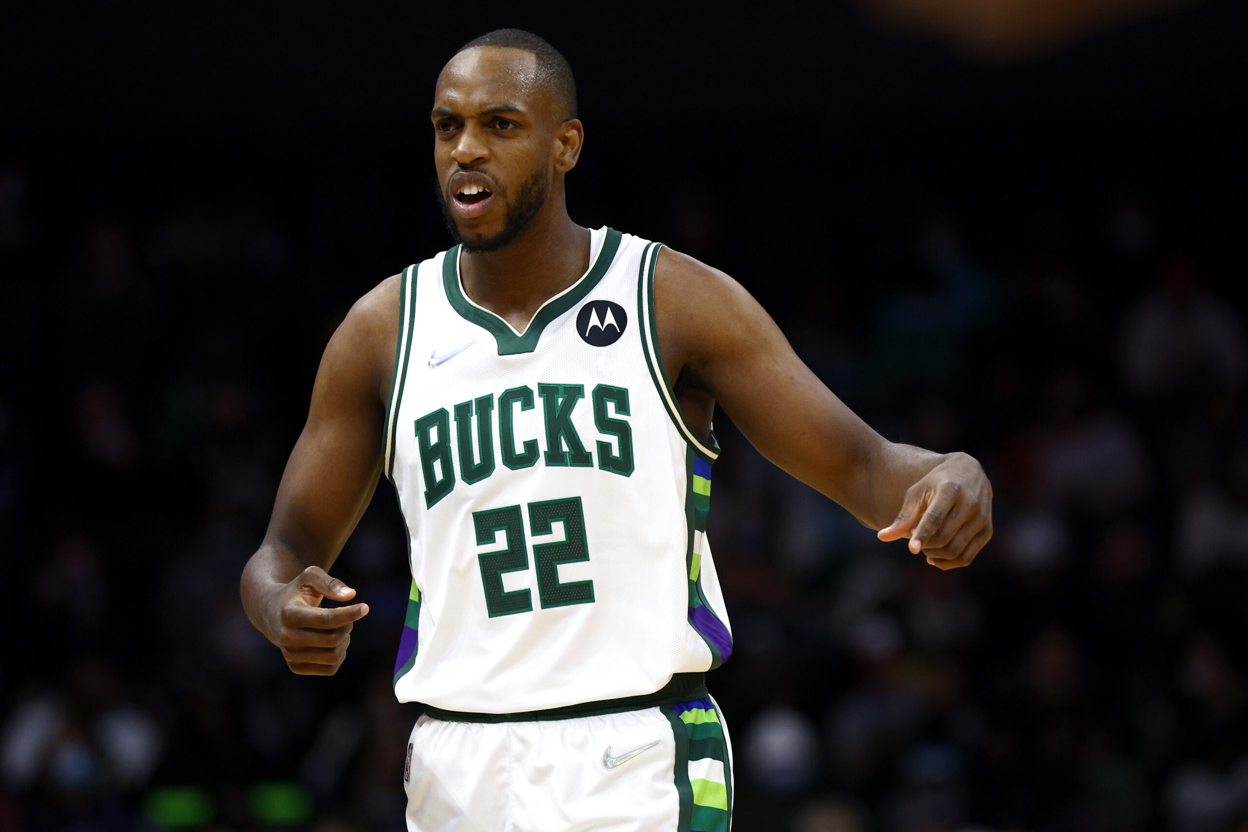 Khris Middleton #22 of the Milwaukee Bucks reacts during the first quarter of the game against the Charlotte Hornetsat Spectrum Center on January 10, 2022 in Charlotte, North Carolina.